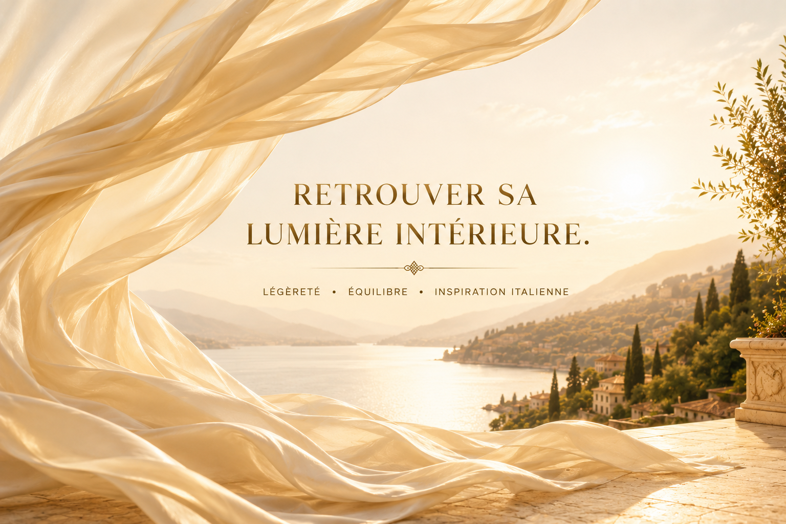 Bannière éditoriale GlowTox Hazellia avec voile champagne aérien, lumière dorée, lac italien et paysage lumineux dans une ambiance élégante et apaisante.

