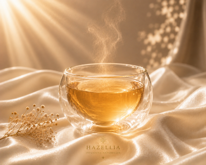 GlowTox by Hazellia – infusion détox lumineuse dans un mug double paroi en verre sur satin champagne ivoire, rituel scandinave premium pour révéler l’éclat naturel.


