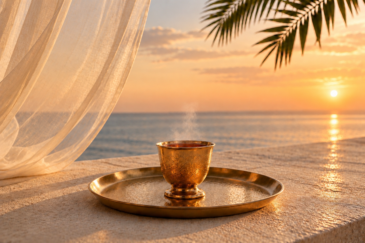Rituel d’infusion Fauve Kiss Hazellia, verre doré sur un plateau raffiné face à la mer, voile ivoire aérien et lumière champagne au coucher du soleil. 

