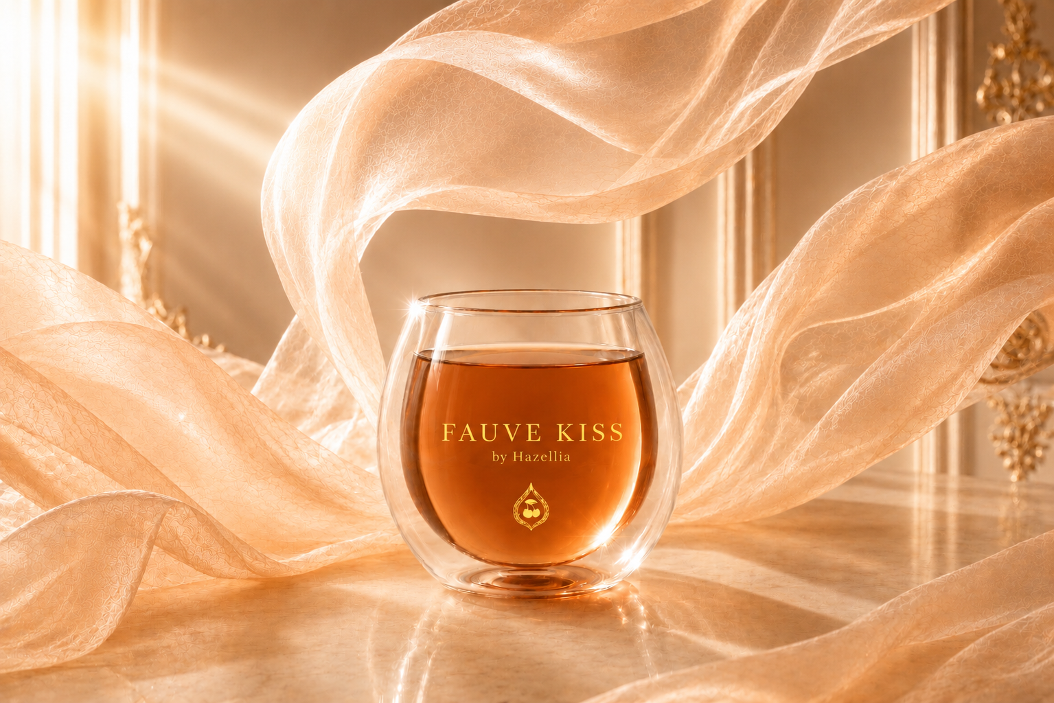 Fauve Kiss by Hazellia, infusion bio premium dans un univers lumineux aux voiles ivoire et pêche, signature sensorielle inspirée de la féminité audacieuse.

