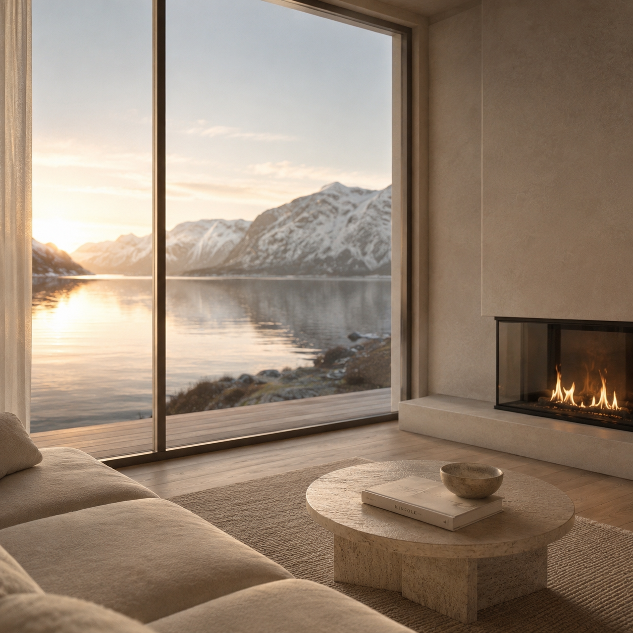 Intérieur scandinave luxe Hazellia Voyage — salon minimaliste premium avec cheminée moderne, vue sur lac nordique et montagnes enneigées, ambiance cocooning beige ivoire et lumière douce.

