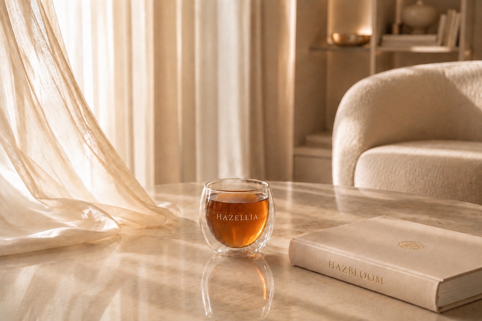 Rituel Hazellia avec infusion ambrée dans un verre double paroi, univers féminin de bien-être et art de savourer.

