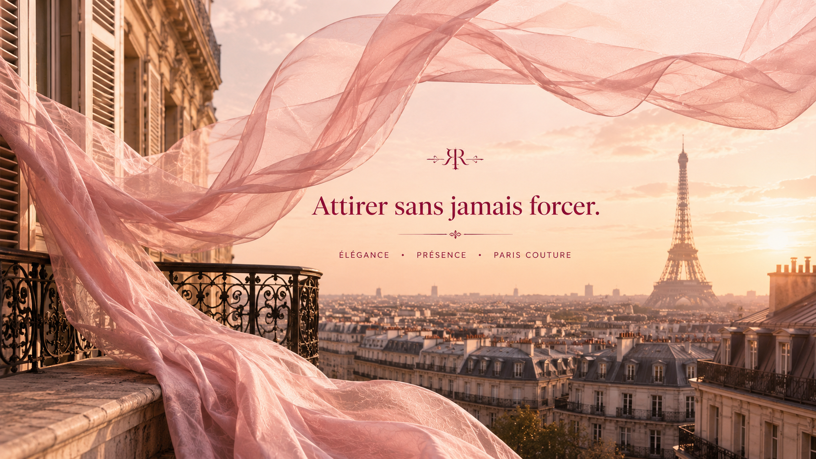 Rose Ritual Hazellia – voile rose poudré flottant au-dessus d’un balcon parisien avec vue sur la Tour Eiffel dans un univers glamour et élégant.

