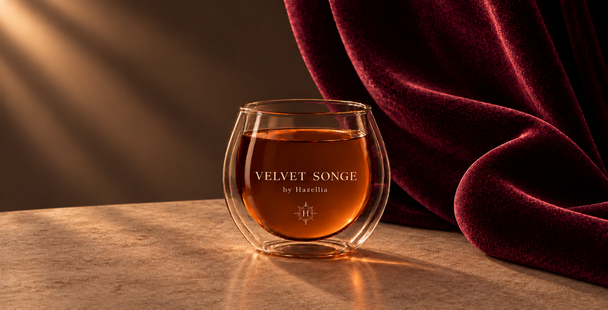 Verre double paroi Hazellia Velvet Songe rempli d’une infusion ambrée, devant un velours aubergine sur un fond moka.