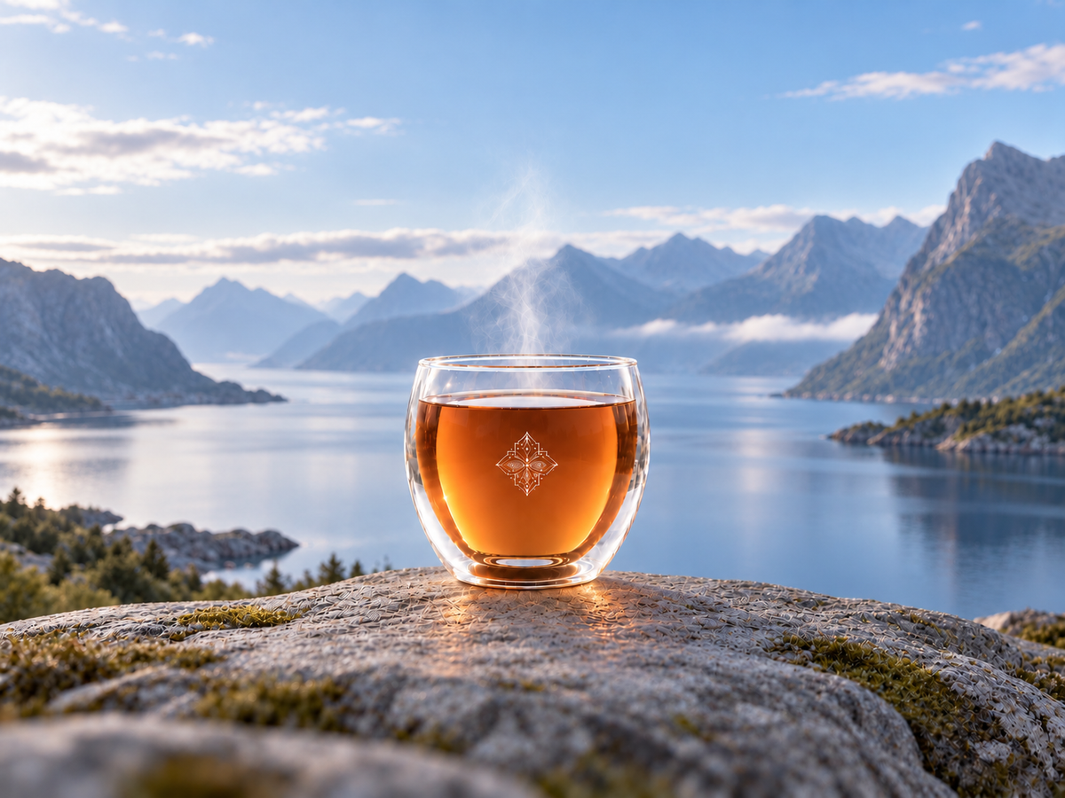  Infusion Deep Silk Hazellia dans un mug signature en verre double paroi, face à un fjord scandinave aux montagnes bleutées, dans une ambiance nordique apaisante. 