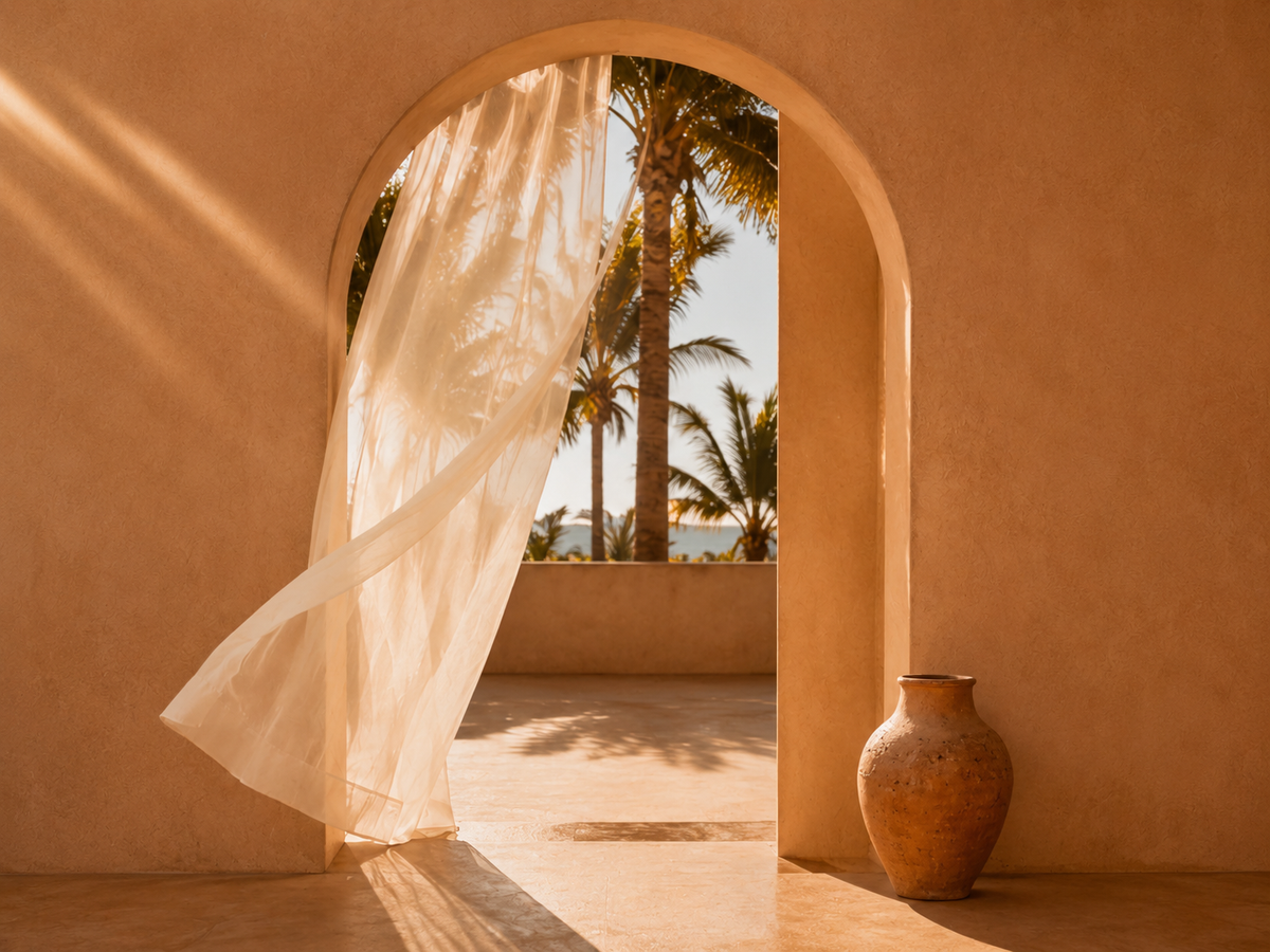 Évasion Sénégal Soleil avec arche beige, voile ivoire aérien et palmiers face à l’océan – Hazellia

