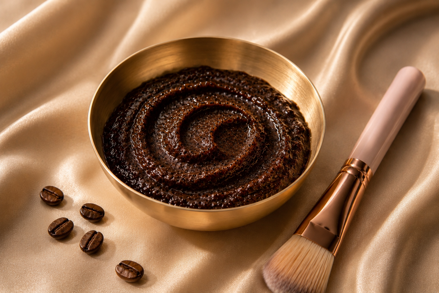 Masque café miel naturel pour peau lumineuse sur satin champagne – rituel beauté féminin Hazellia

