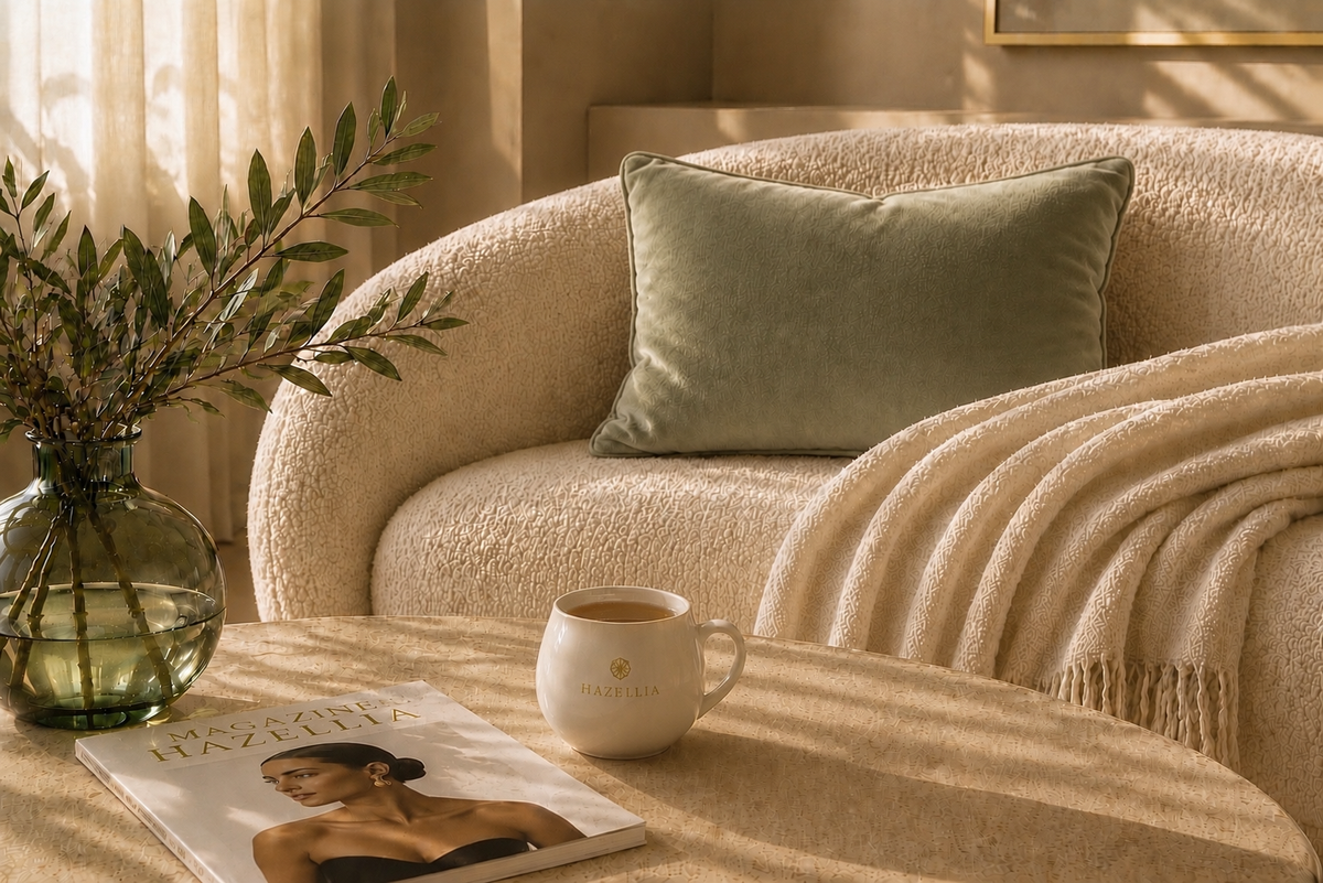 Le Rituel Hazellia Dune Flow avec mug en céramique, canapé bouclé, coussin vert sauge et ambiance chaleureuse aux tons ivoire.