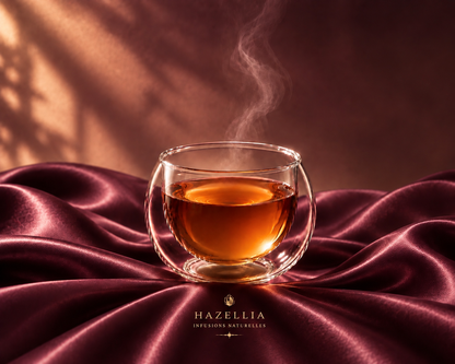 Infusion ambrée Hazellia dans un mug en verre cristallin posé sur un satin prune velouté, photo produit luxe au rendu élégant et lumineux

