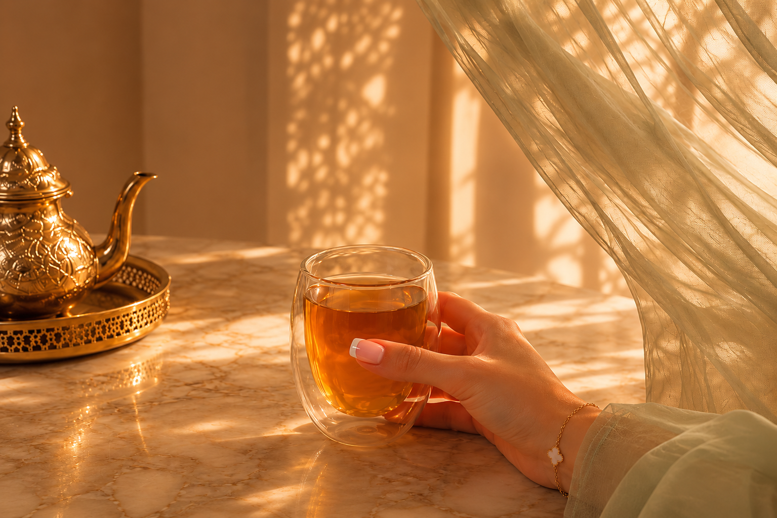 Rituel du thé marocain élégant avec mug double paroi ambré, main féminine raffinée, marbre lumineux, théière dorée orientale et voile vert sauge dans une ambiance luxe chaleureuse

