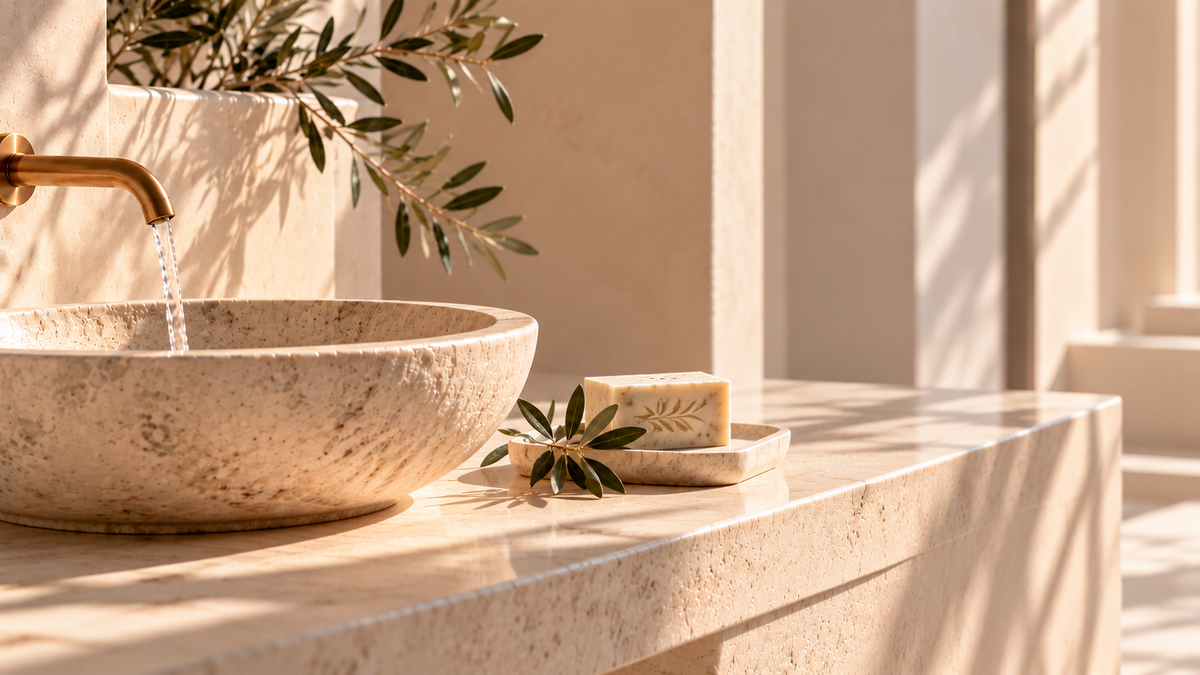 Rituel beauté grec avec savon à l’huile d’olive et vasque en pierre – Grèce Éternelle Hazellia

