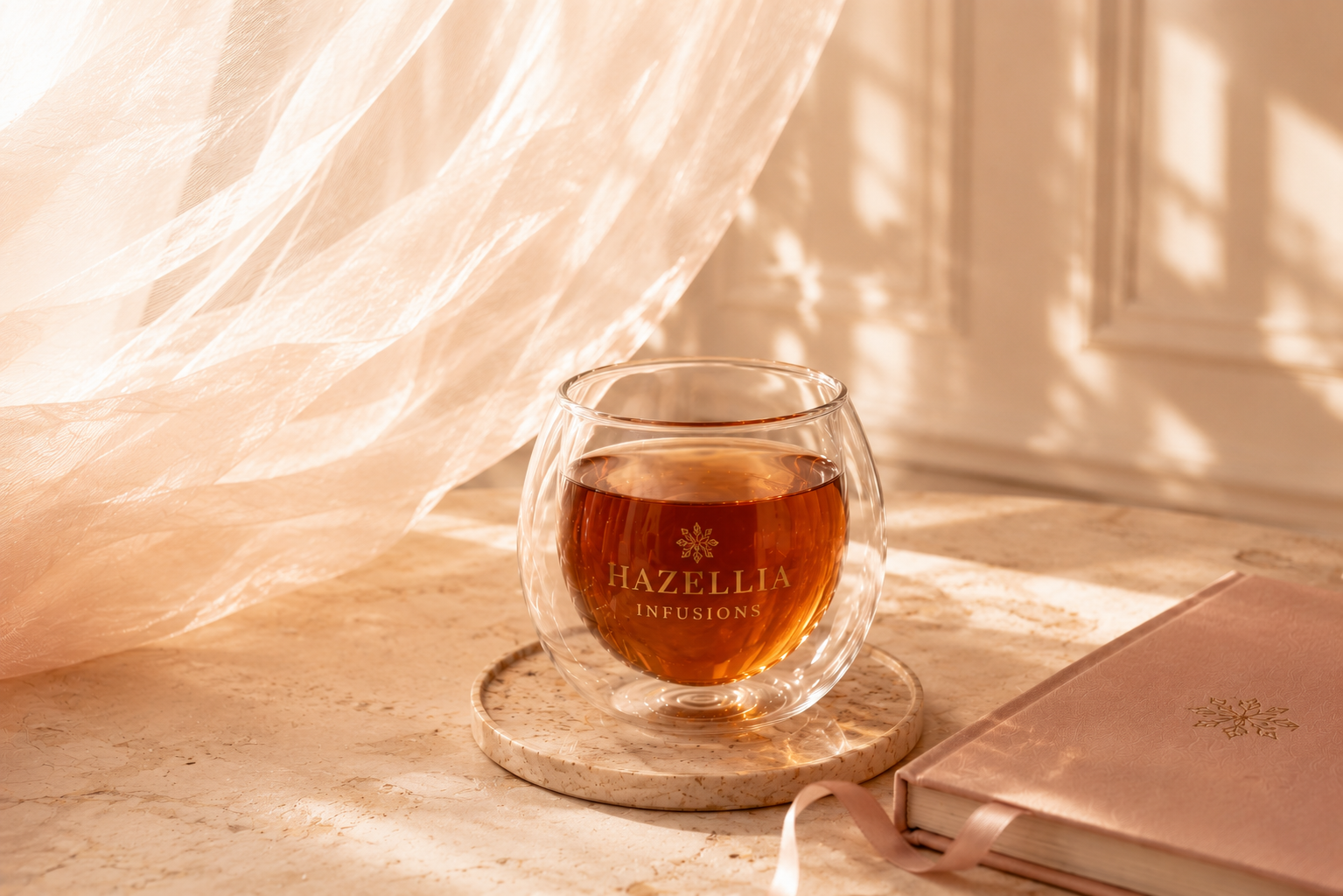 L’art de l’infusion féminine par Hazellia : mug double paroi, infusion ambrée, voile aérien, livre raffiné et ambiance couture inspirée des maisons de luxe.

