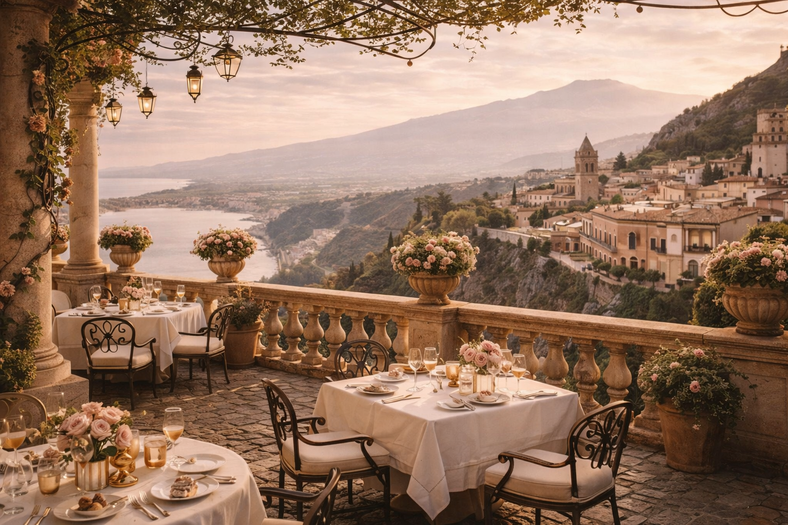 Terrasse romantique en Italie avec vue panoramique dans l’esprit Dolce Vita

