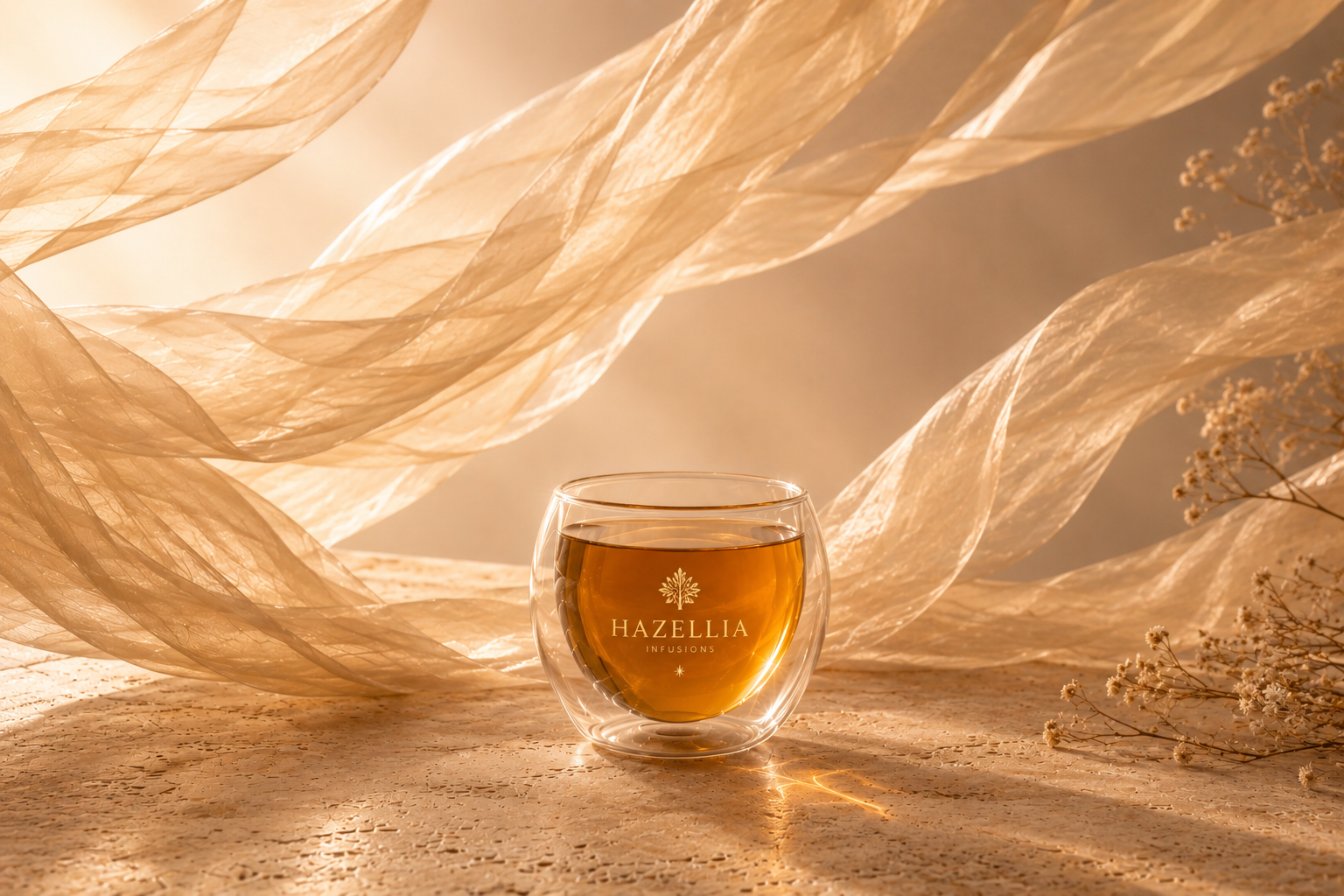 Infusions bien-être HazBloom dans un mug en verre, rituel apaisant aux plantes, ambiance satin champagne et univers premium Hazellia.

