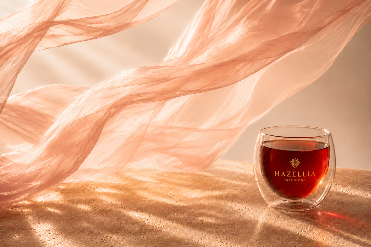 Infusion Rose Blood Hazellia rouge rubis dans un mug double paroi premium sur pierre beige avec voile rose poudré aérien et lumière dorée inspirée des rituels féminins.

