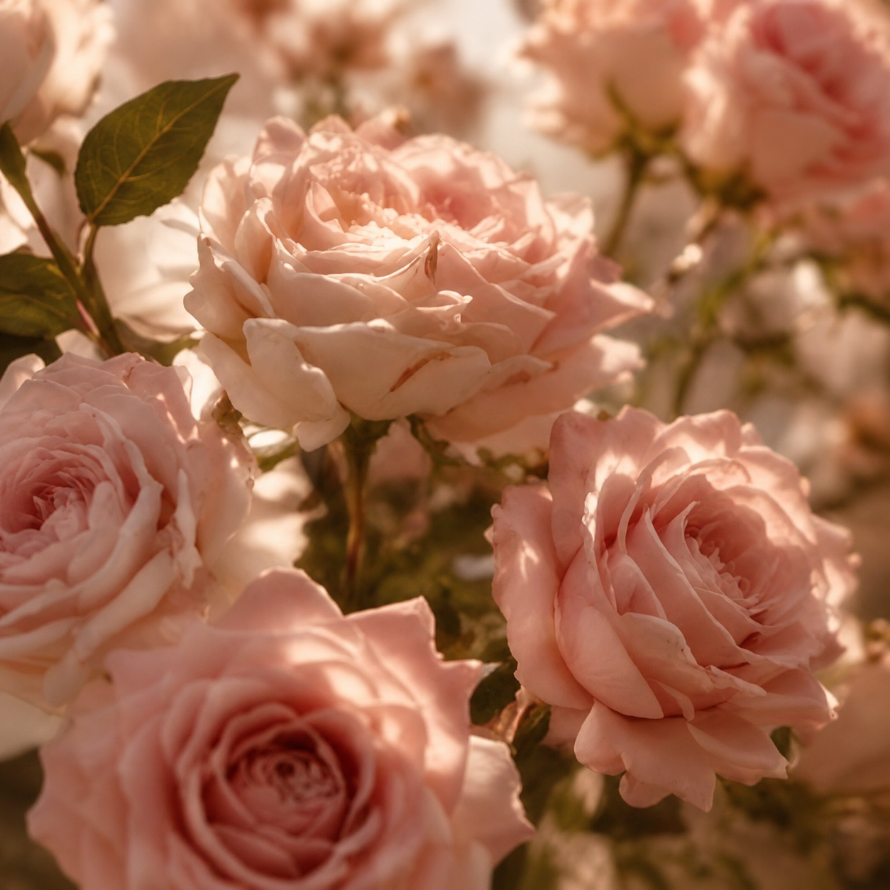 Roses rose poudré baignées de lumière dorée dans une ambiance élégance parisienne, inspiration couture et univers féminin luxe Hazellia

