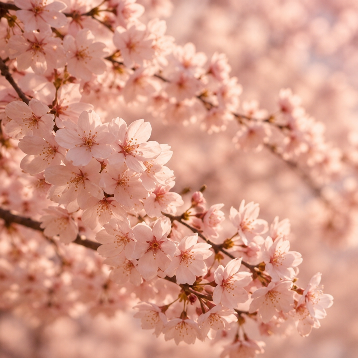 Fleurs de cerisier japonaises roses en lumière dorée dans une ambiance éditoriale luxe inspirée du Japon, de la féminité douce et de l’univers Hazellia Voyage.

