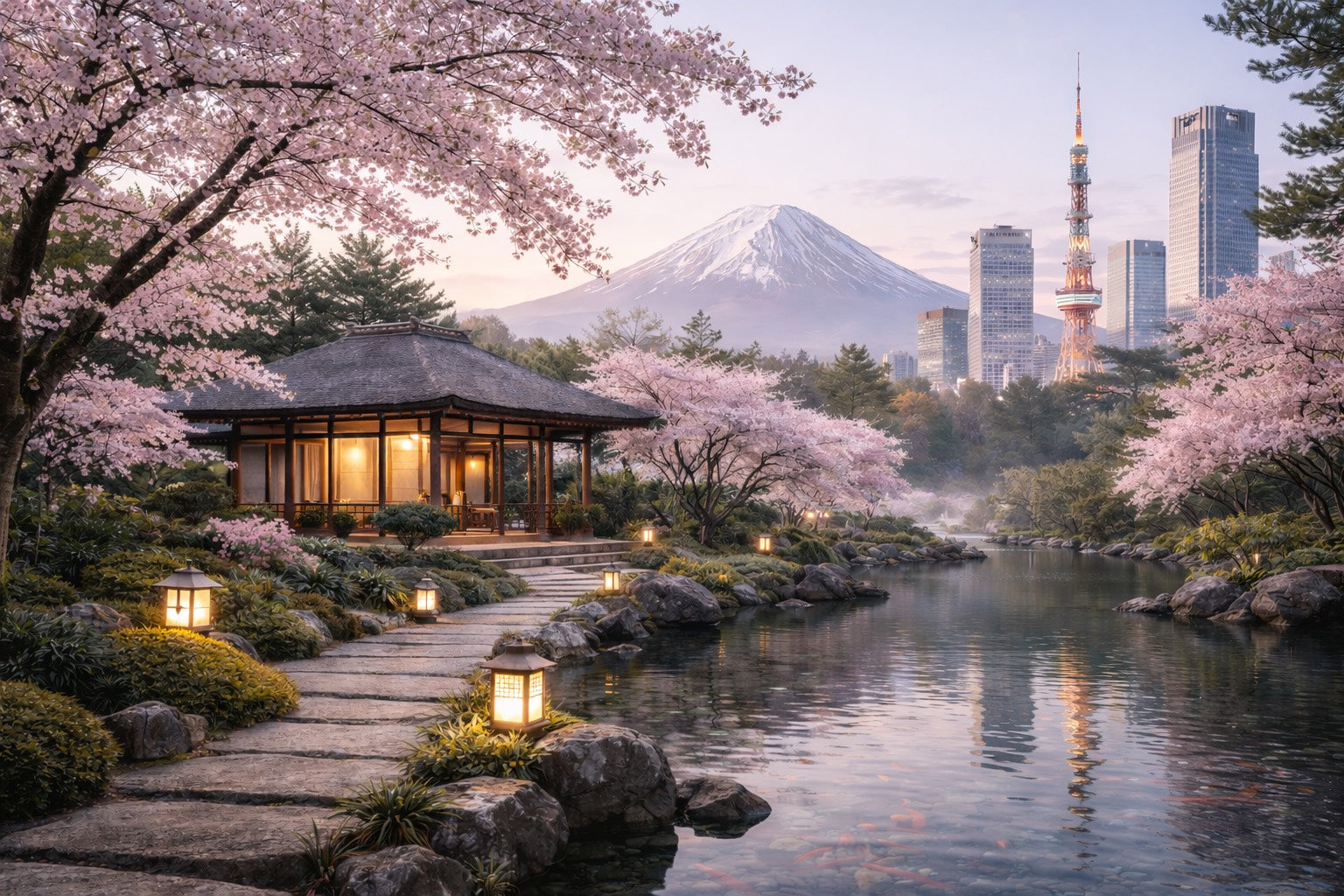 Paysage japonais zen avec cerisiers en fleurs, architecture traditionnelle et ambiance douce beige rosé, inspiré du slow living et du bien-être – Hazellia Voyage Japon
