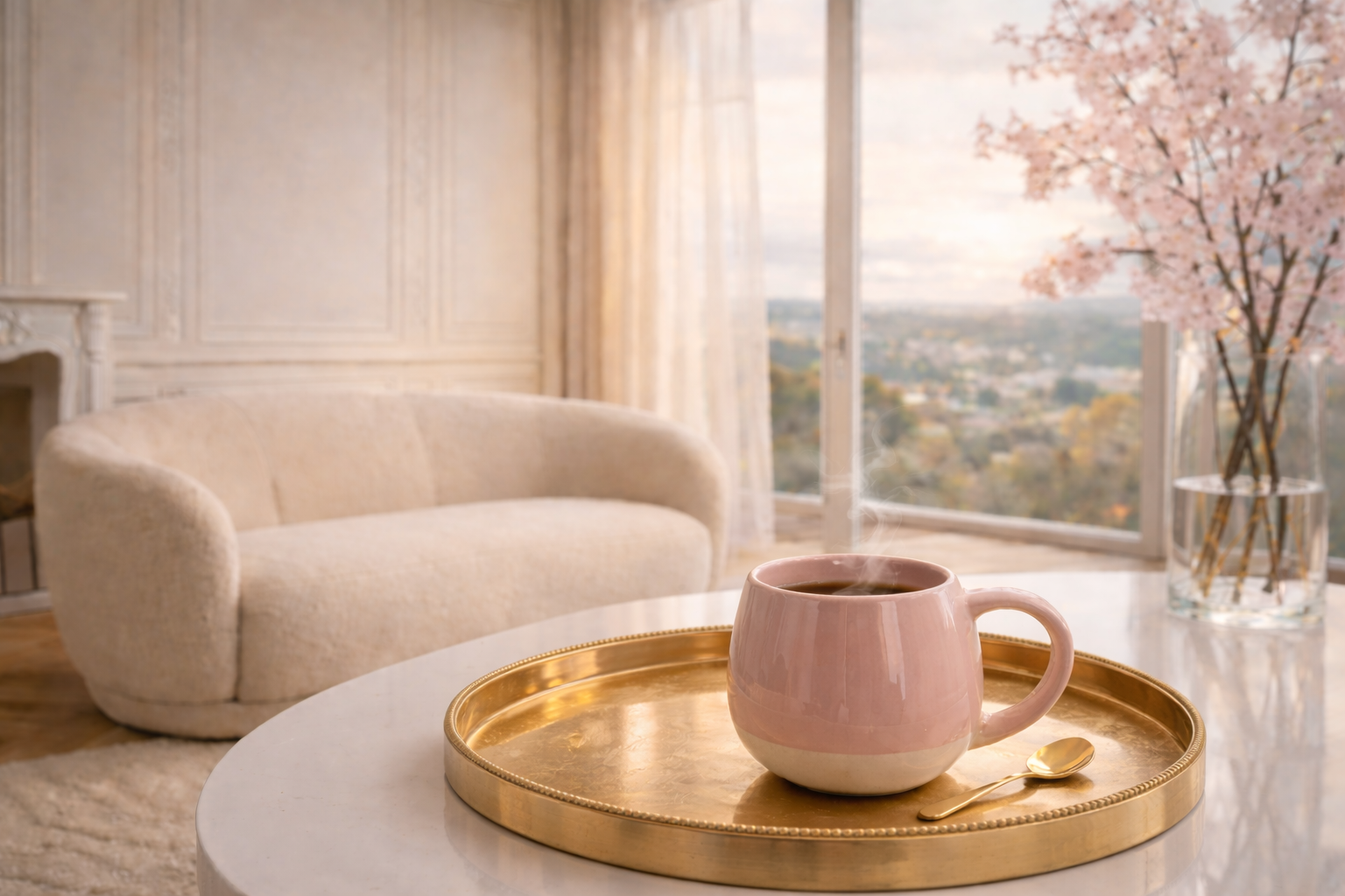 Mug rose poudré sur plateau doré avec infusion chaude fumante, ambiance slow living Hazellia, rituel féminin bien-être et élégance intérieure.
