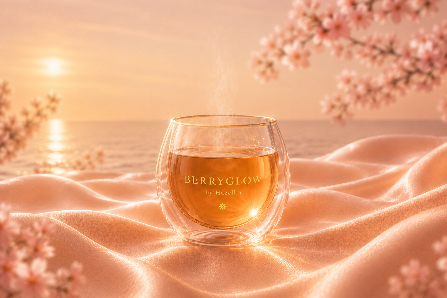 BerryGlow by Hazellia, infusion ambrée rosée dans un mug double paroi transparent, satin champagne rosé lumineux et fleurs de cerisier dans une ambiance luxe féminine.

