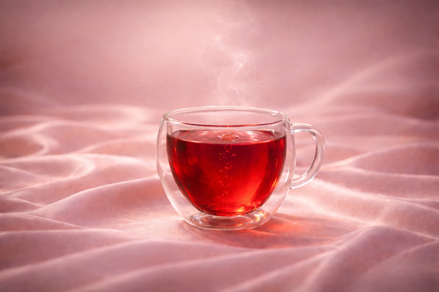 Red herbal infusion in a double wall glass cup on soft pink satin, beauty and glow ritual for feminine radiance by Hazellia