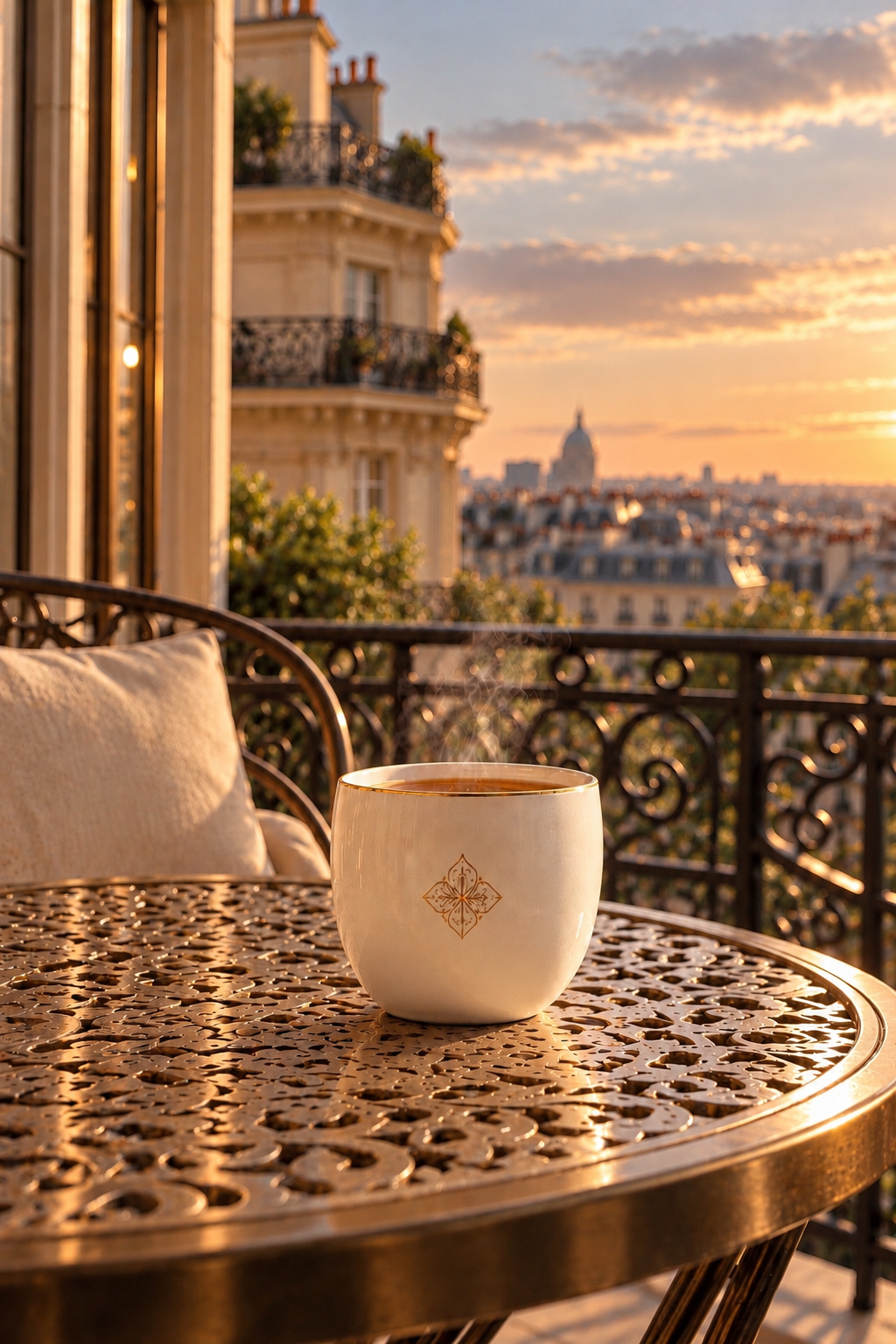 Rituel d’infusion Paris Intemporel – mug en céramique Hazellia sur une table haussmannienne avec vue sur les toits de Paris au coucher du soleil

