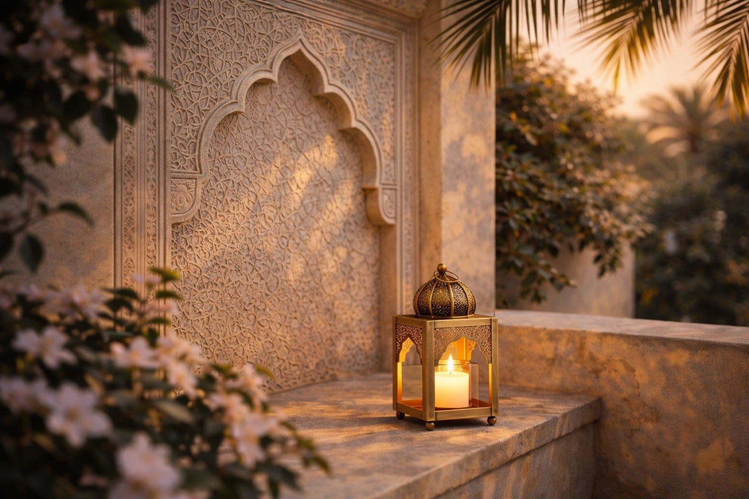 Lanterne marocaine dorée avec bougie allumée posée sur une terrasse en pierre, éclairée par une lumière douce de fin de journée, créant une atmosphère calme, chaleureuse et intemporelle.

