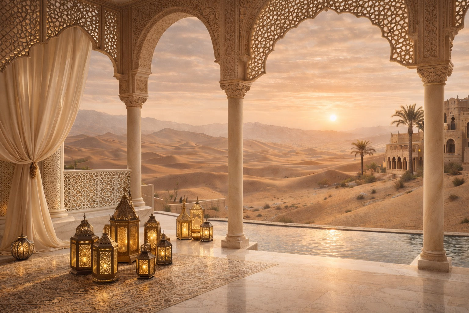 Terrasse orientale luxueuse avec arches sculptées, lanternes dorées et décor raffiné, ambiance Orient doré premium signée Hazellia