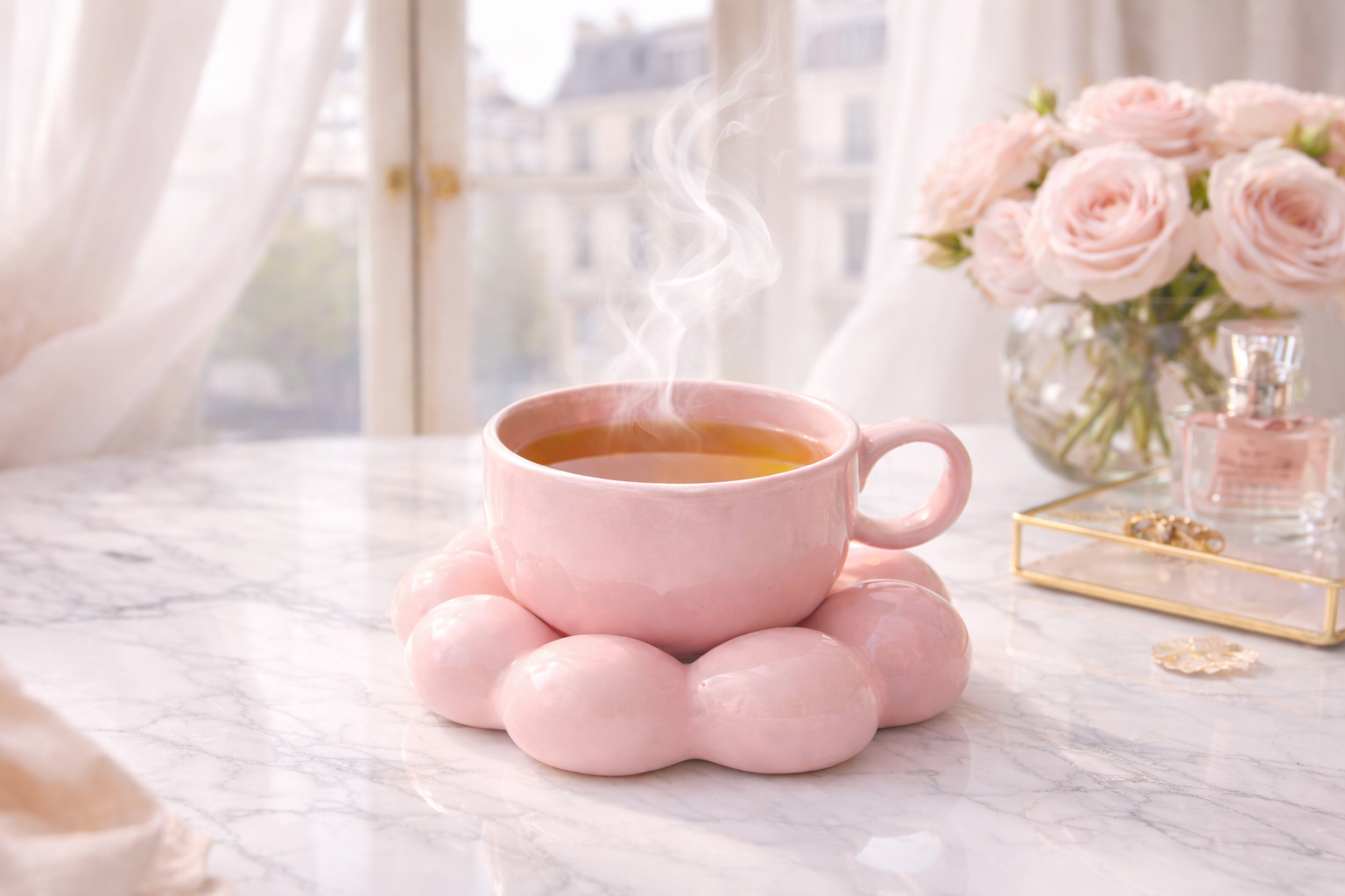 Infusion Pink Élixir dans une tasse rose poudré sur table en marbre avec vue parisienne, roses et lumière du matin, ambiance élégance féminine.


