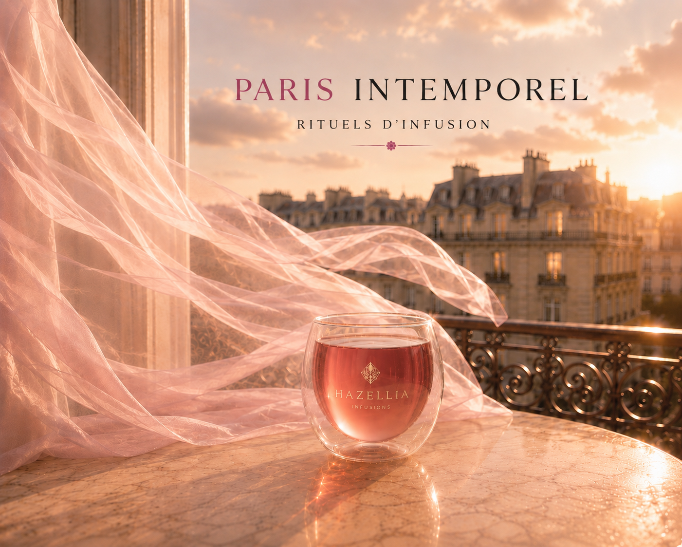 Rituels d’infusion Hazellia à Paris, tasse de thé rose sur balcon haussmannien avec voile poudré au coucher du soleil

