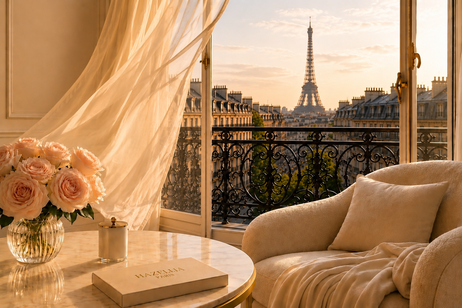 Élégance parisienne Hazellia avec vue sur Paris, intérieur raffiné aux tons ivoire, roses poudrées et lumière dorée inspirée de l’art de vivre français.

