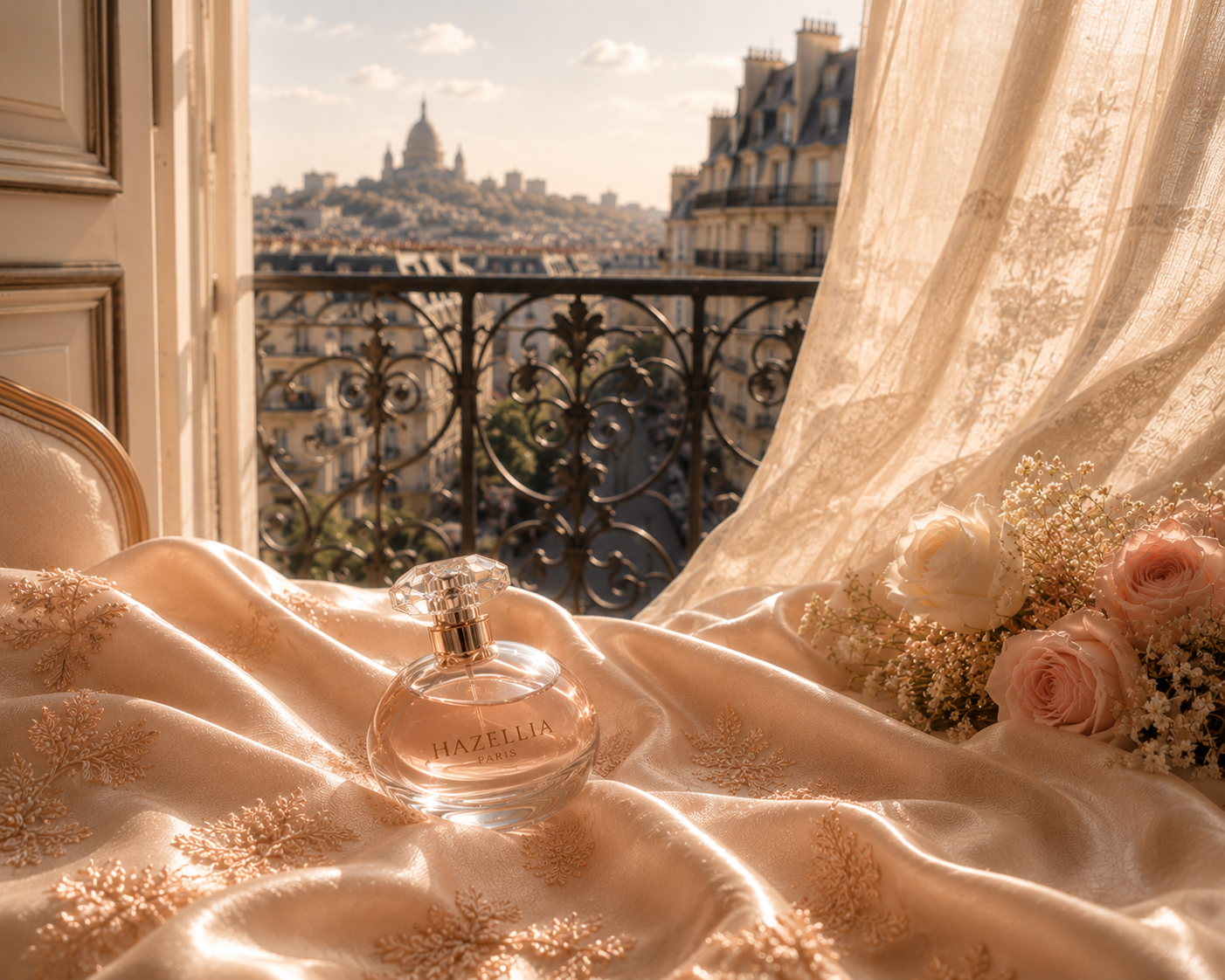 Flacon de parfum Hazellia Paris posé sur un satin champagne brodé devant une fenêtre parisienne baignée de lumière dorée, avec balcon haussmannien, roses poudrées et ambiance luxe éditoriale inspirée de Paris.

