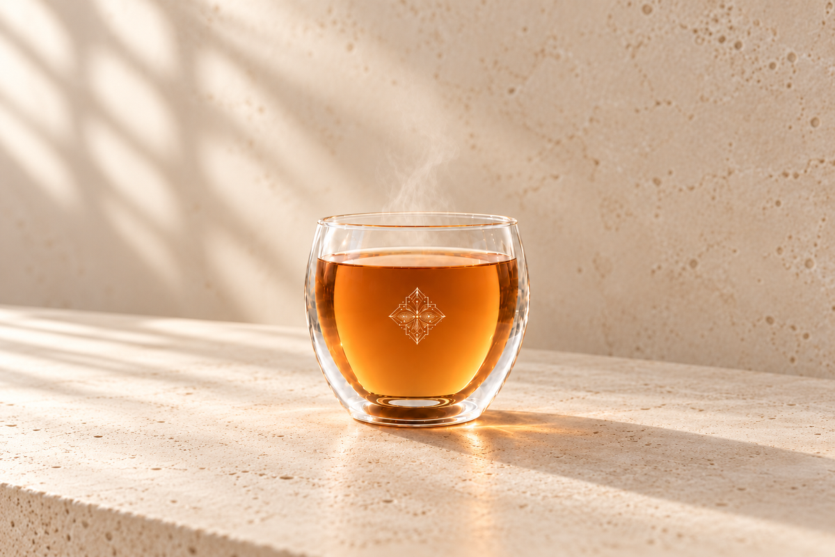 Infusion Ivory Prism de Hazellia dans un verre signature double paroi, posé sur une table en pierre ivoire.

