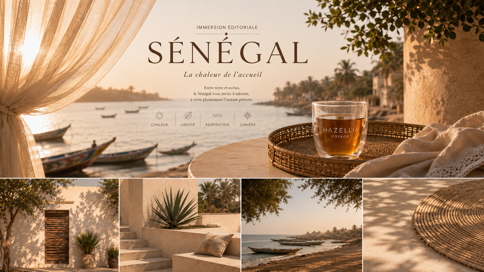Immersion éditoriale Hazellia Voyage Sénégal — mug double paroi ambré sur terrasse lumineuse face à l’océan, ambiance luxe minimaliste beige doré, voile aérien et lumière chaude inspirée du Sénéga

