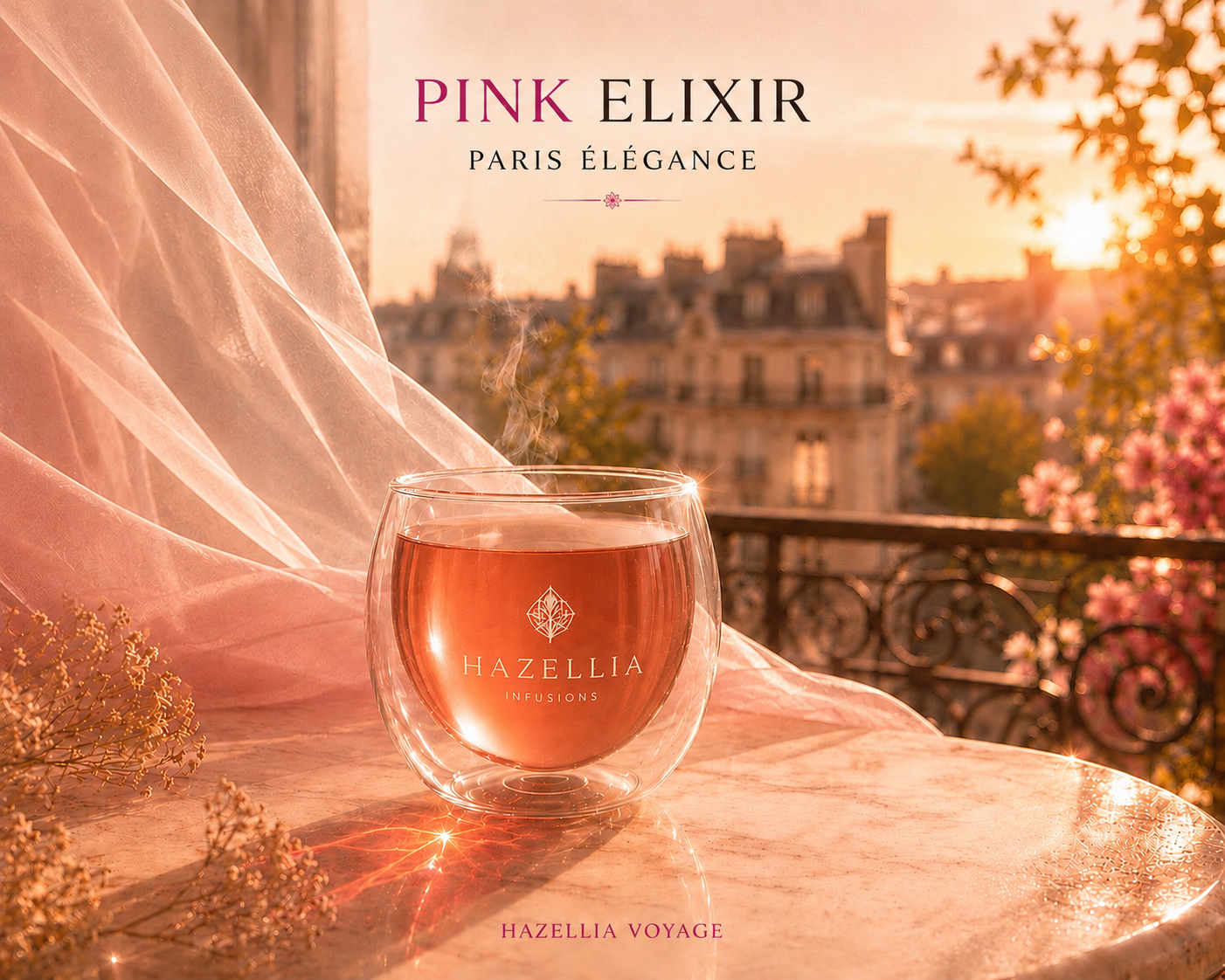 Pink Elixir Hazellia – infusion ambrée rosée dans un verre double paroi premium avec voile rose poudré soyeux, ambiance Paris Élégance et lumière sunset dorée.

