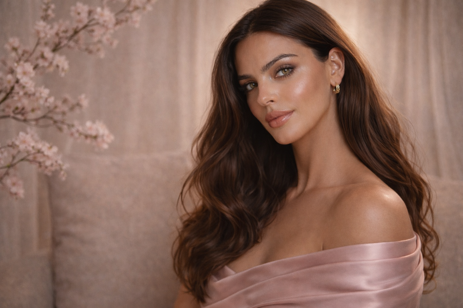 Femme brune élégante aux yeux verts dans une ambiance satin rose poudré avec branches de cerisier – univers féminin Hazellia
