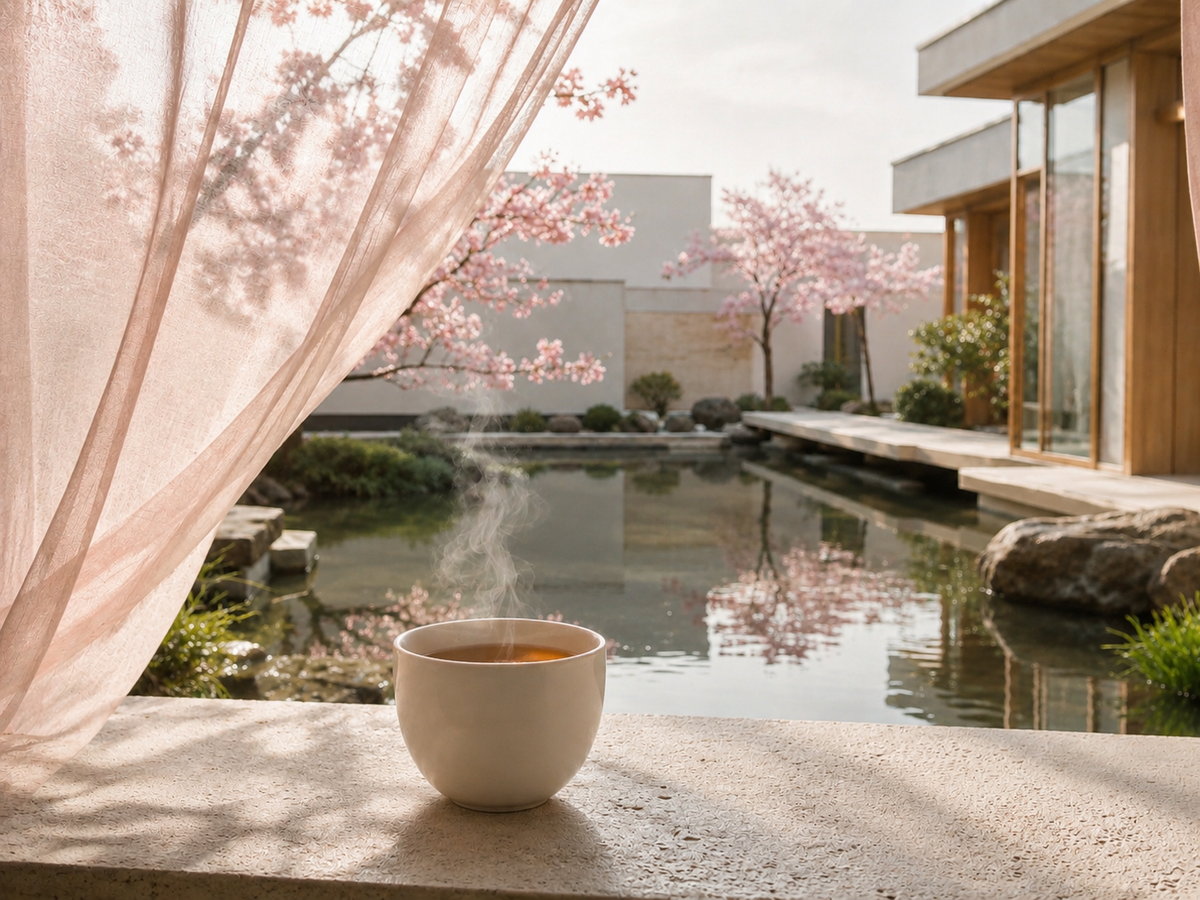 Infusion chaude dans une tasse en céramique ivoire au cœur d’un jardin japonais contemporain, avec voile rose poudré, bassin paisible et fleurs de cerisier, ambiance luxe et réaliste.

