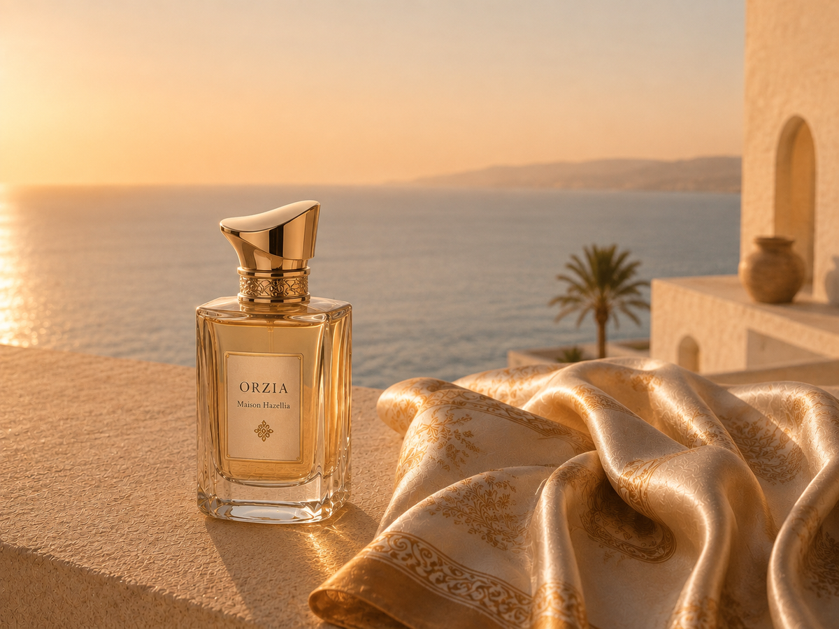 Parfum ORZIA Maison Hazellia sur satin beige doré face à la mer et aux palmiers – Évasion Orient Doré