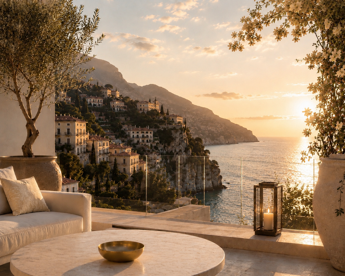 Terrasse contemporaine de luxe sur la côte italienne au coucher du soleil, univers GlowTox La Radieuse – Hazellia


