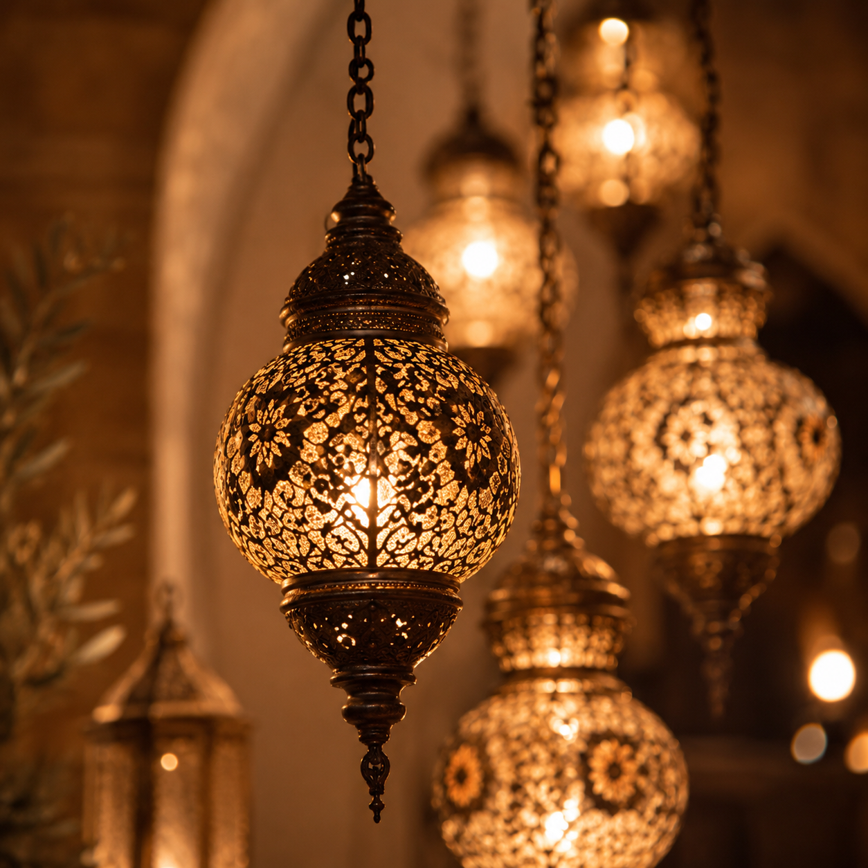 Lanternes turques suspendues ambiance luxe Hazellia Voyage — lumières ottomanes dorées, motifs orientaux raffinés et atmosphère chaleureuse de fin de journée à Istanbul

