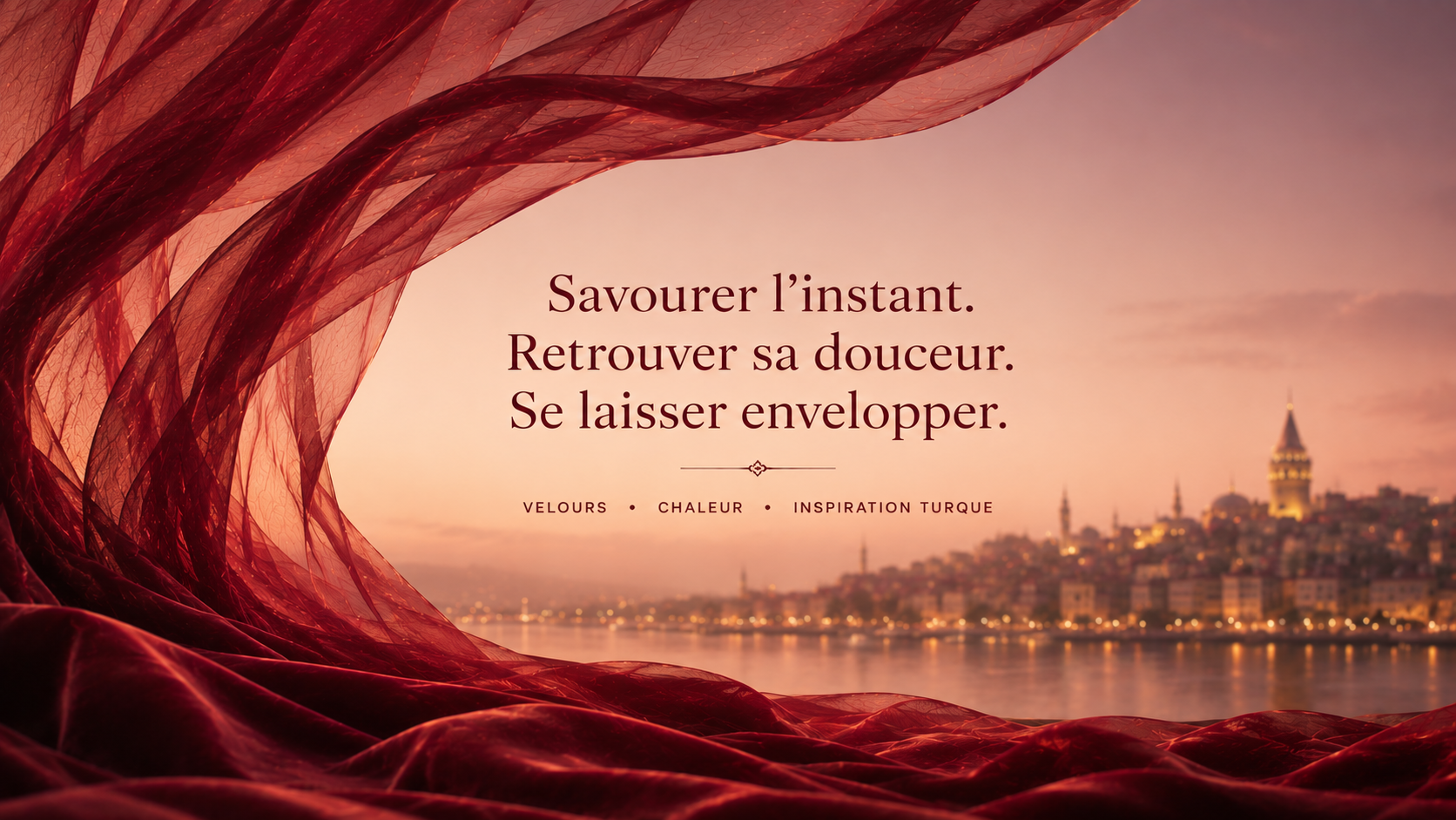 Bannière éditoriale Red Velvet Hazellia avec voile bordeaux velours, paysage inspiré de la Turquie au coucher du soleil et univers féminin chaleureux et élégant.


