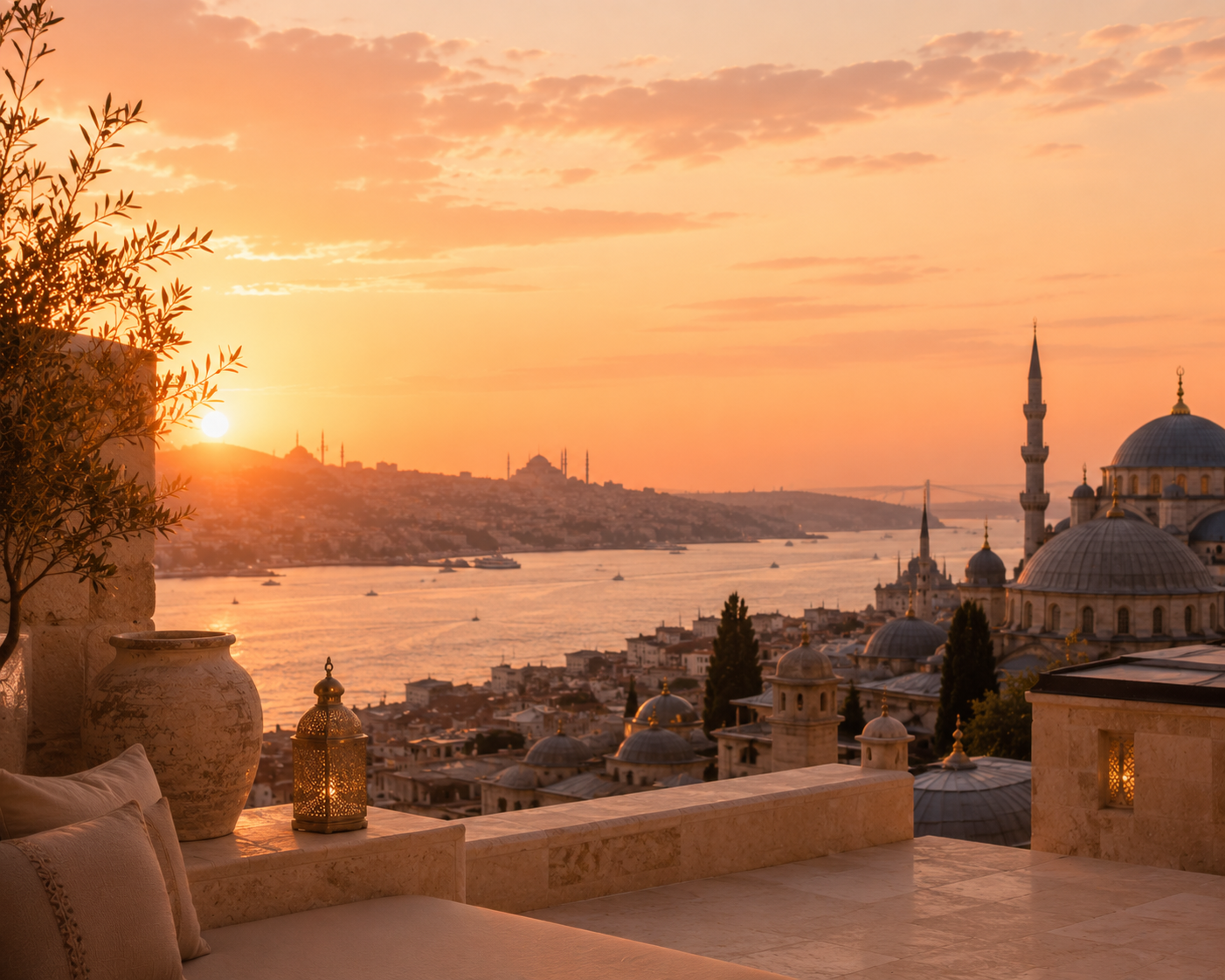 Terrasse luxueuse à Istanbul au coucher du soleil avec vue sur le Bosphore, architecture ottomane et ambiance orientale chaleureuse inspirée de l’univers Hazellia Voyage Turquie.

