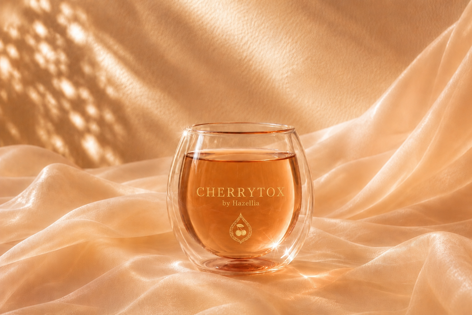 CherryTox Hazellia – infusion aux queues de cerise dans un mug double paroi transparent sur un voile ivoire champagne aux reflets pêche, ambiance féminine élégante et lumineuse

