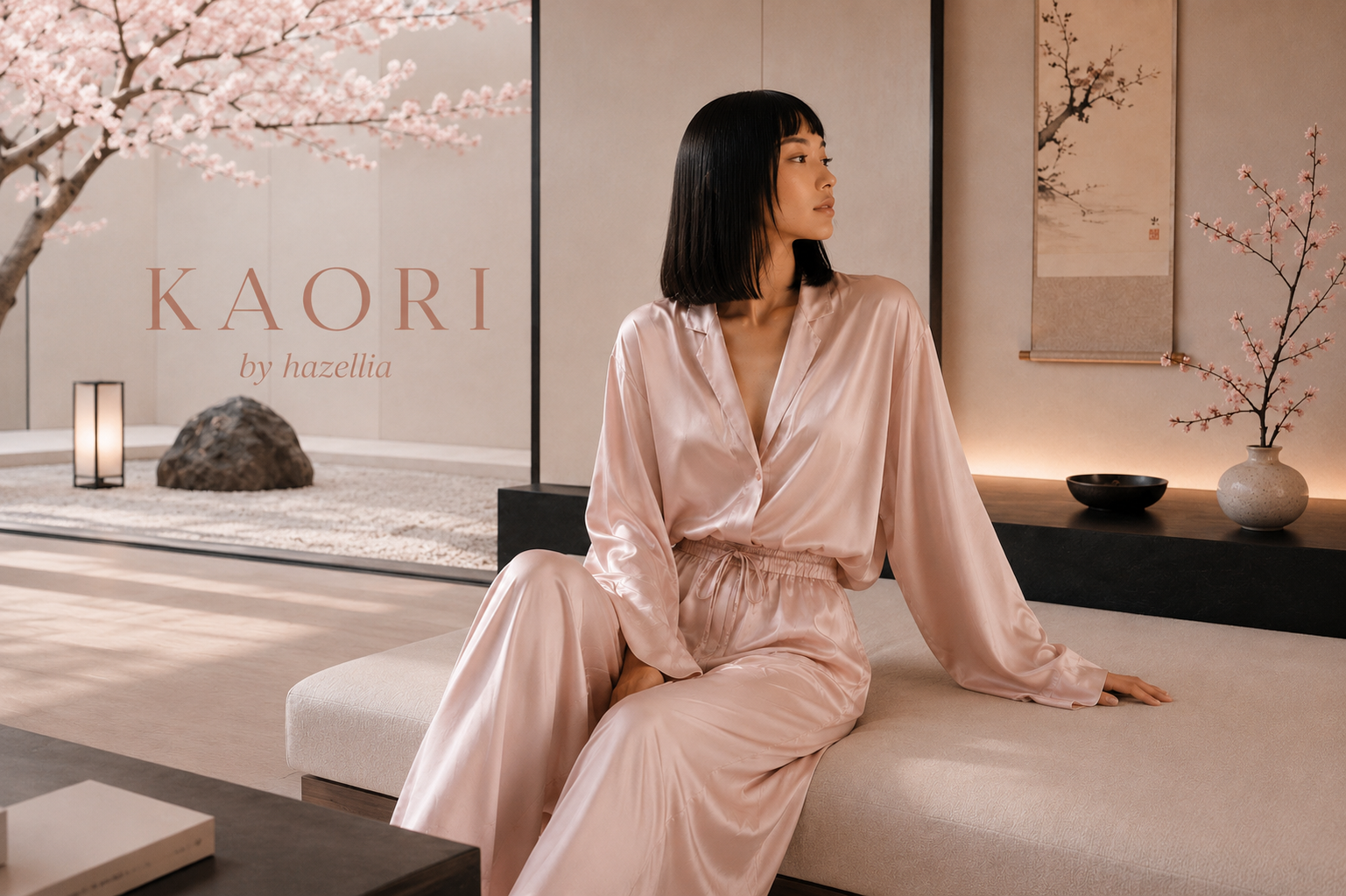 KAORI by Hazellia — femme asiatique sophistiquée aux cheveux noir brillant coupe carré lisse portant un ensemble fluide satin rose poudré dans un intérieur japonais luxe et minimaliste