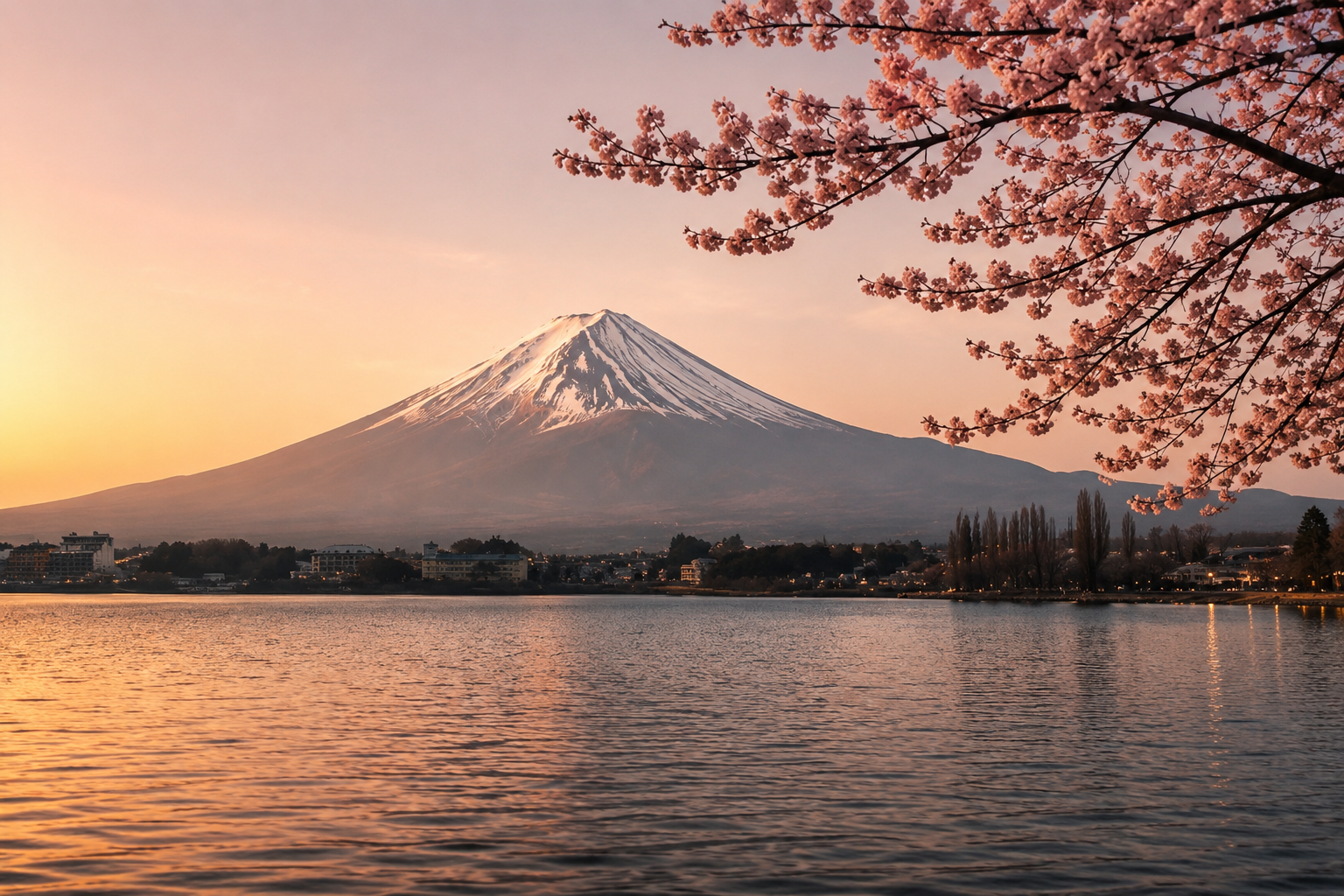 Mont Fuji au coucher du soleil avec cerisiers en fleurs et lac japonais – Évasion Japon Sakura Hazellia

