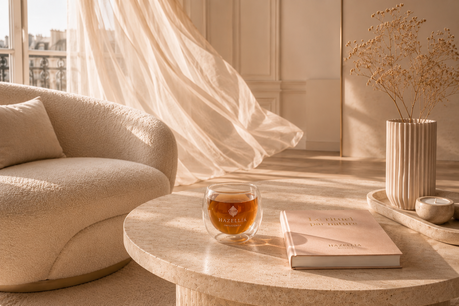 Univers Rituels Hazellia : intérieur lumineux aux tons ivoire et rose poudré, fauteuil élégant, table en pierre naturelle et infusion signature dans une atmosphère de calme, de féminité et de douceur.

