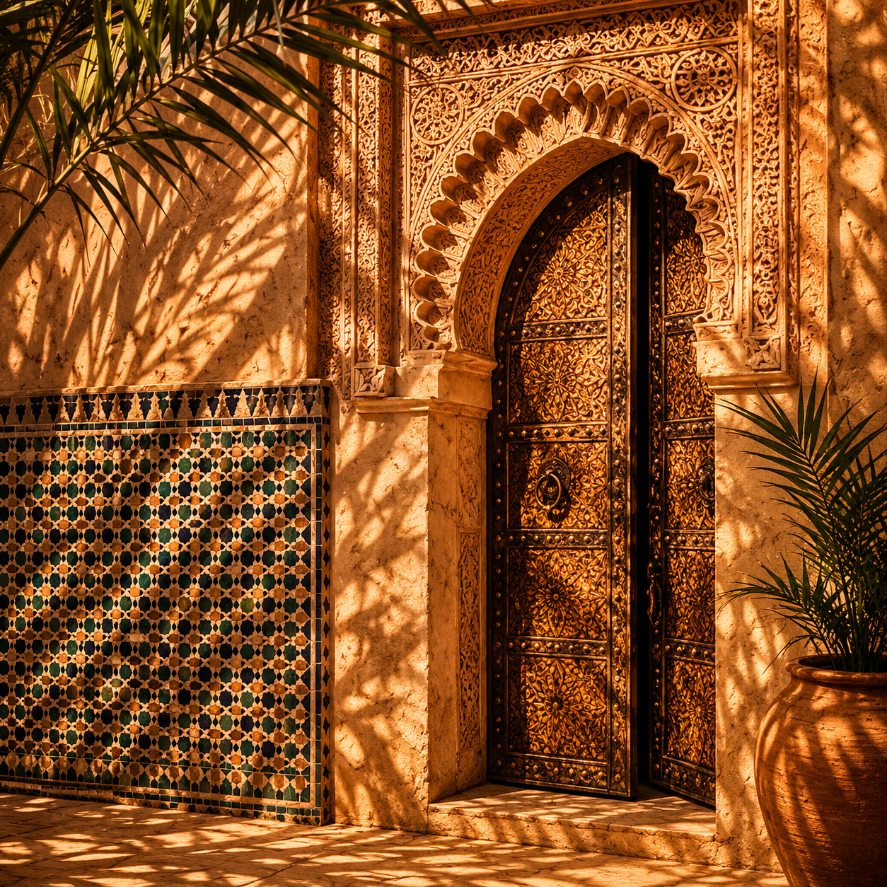Porte marocaine artisanale avec zellige traditionnel, lumière dorée et ombres de palmiers dans une ambiance éditoriale luxe inspirée de l’univers Hazellia Voyage Maroc

