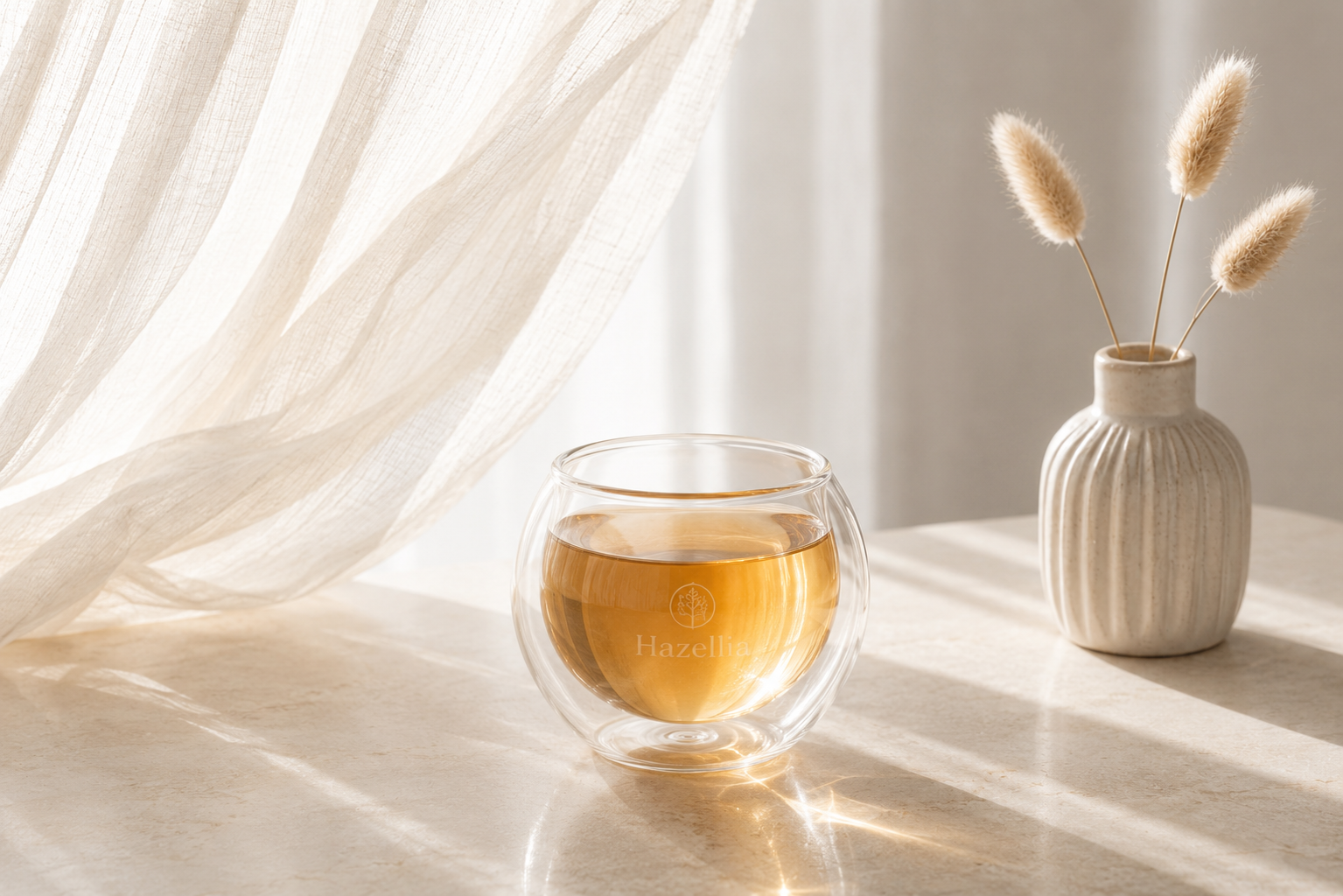 Deep Silk Hazellia, infusion chaude dans un univers premium ivoire, lumière douce et ambiance cocooning inspirée des pays nordiques.


