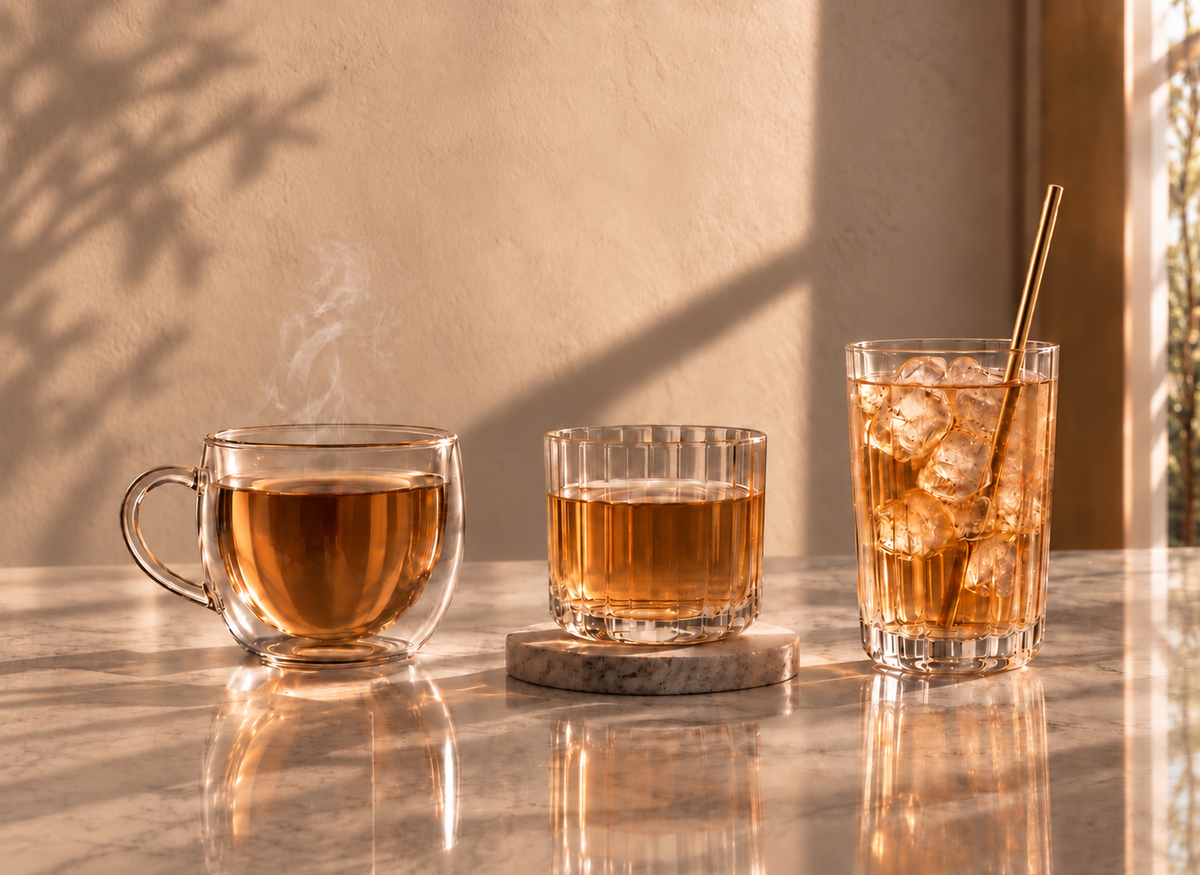 Une même infusion Hazellia servie chaude, froide et glacée dans trois verres en cristal sur marbre clair.

