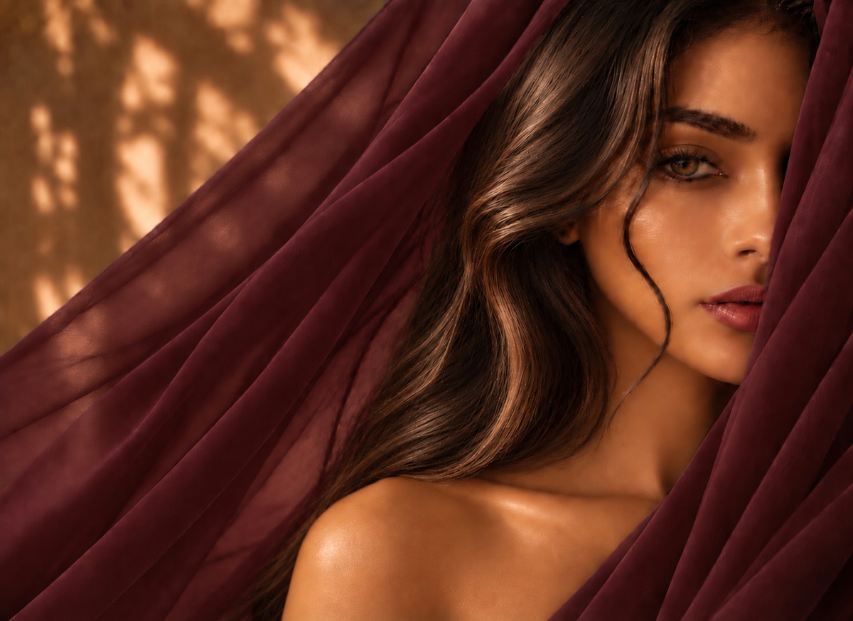 Femme Sensuelle Hazellia enveloppée d’un voile prune chaud et velouté, portrait éditorial premium aux lumières dorées.

